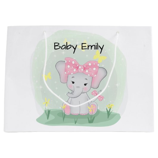 Grand Sac Cadeau Beau éléphant avec un arc rose dans une clairière (Devant)