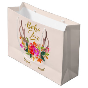 Grand Sac Cadeau Beaux cils floraux Boho Love Renne Bois