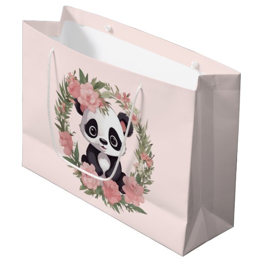 Grand Sac Cadeau Bébé adorable Panda Ours avec fleurs (Devant Angle)