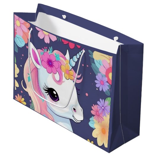 Grand Sac Cadeau Bébé blanc adorable licorne avec fleurs (Devant Angle)