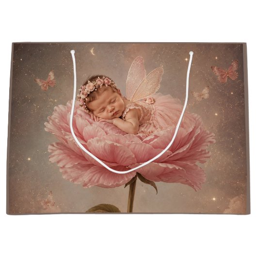 Grand Sac Cadeau Bébé endormi fleur rose (Devant)