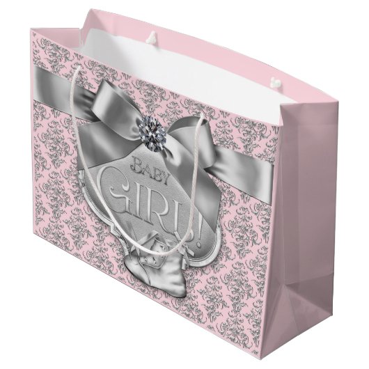 Grand Sac Cadeau Bébé Fille Damassé Argent Rose (Dos Angle)