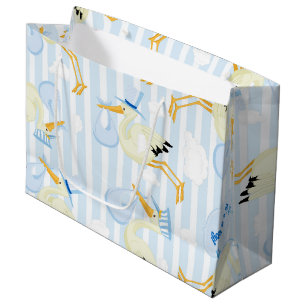 Grand Sac Cadeau Bébé garçon cigogne bleu et blanc