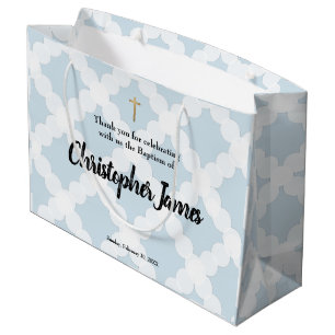 Grand Sac Cadeau Bébé personnalisé Baptême Croix d'or bleue