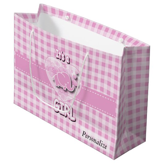 Grand Sac Cadeau Bébé rose et blanc Plaid Baby Elephant (Devant Angle)