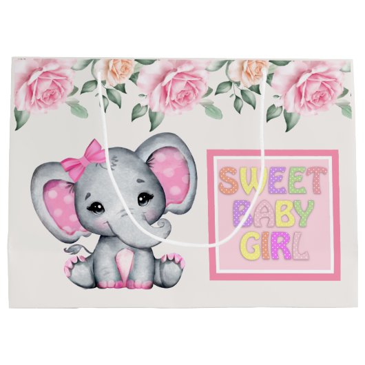 Grand Sac Cadeau Bébé rose mignonne Eléphant Douce Bébé Fille (Dos)