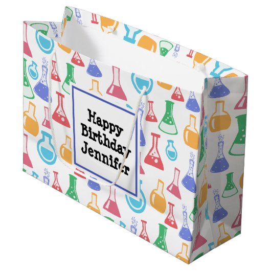 Grand Sac Cadeau Béchers et flacons Fun Science Motif Anniversaire (Devant Angle)