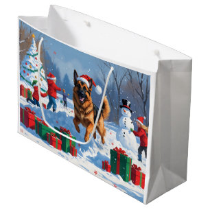 Grand Sac Cadeau Berger Allemand courant dans la neige avec un chap