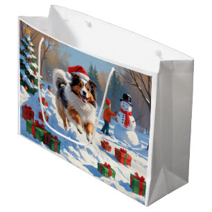 Grand Sac Cadeau Berger des Shetland courant dans la neige avec un