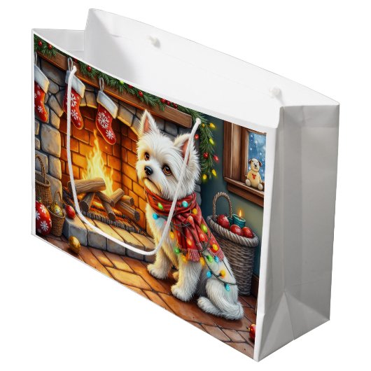 Grand Sac Cadeau Bichon Frise Fireplace with Christmas Lights (Devant Angle)