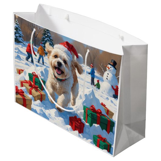 Grand Sac Cadeau Bichon Frise Noël Festive Scène de neige (Dos Angle)
