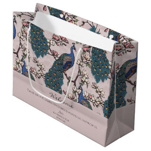 Grand Sac Cadeau Bienvenue Paon Floral Rose Pâle