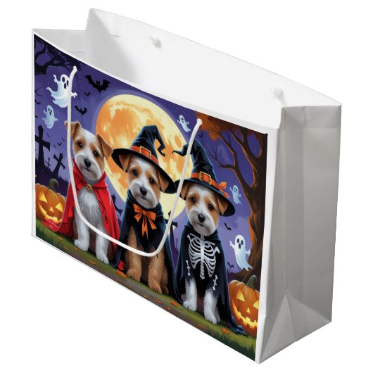 Grand Sac Cadeau Biewer Terrier Chiens Citrouille Halloween Funny (Devant Angle)