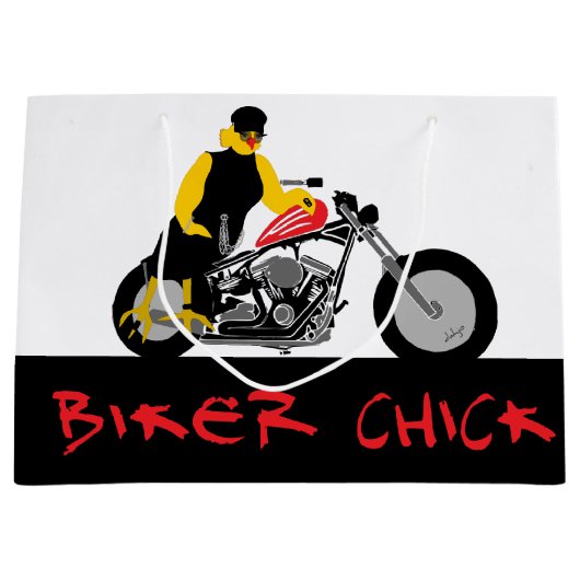 Grand Sac Cadeau BIKER CHICK assise sur sa moto (Devant)