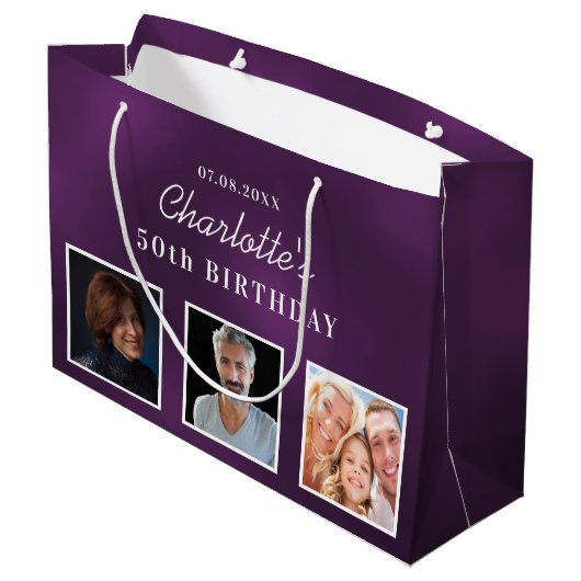 Grand Sac Cadeau Birthday purple photo monogram name (Dos Angle)