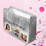 Grand Sac Cadeau Birthday silver glitter drips custom photo<br><div class="desc">21st (or any age) birthday. A faux silver metallic looking background with faux glitter drips,  paint dripping look. Personalize and add 3 photos and age 21. Black text.</div>