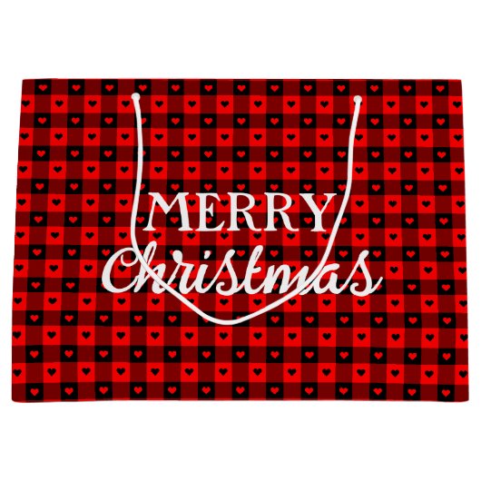Grand Sac Cadeau Bison Mignonne Plaid Avec Coeurs Rouge Joyeux Noël (Devant)