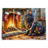 Grand Sac Cadeau Black Cat Sitting Fireplace with Christmas Lights (Devant)