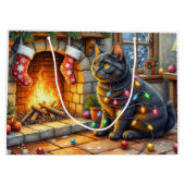Grand Sac Cadeau Black Cat Sitting Fireplace with Christmas Lights (Dos)