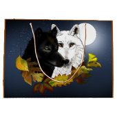 Grand Sac Cadeau Black White Wolves Moonlight Autumn Leaves (Dos)