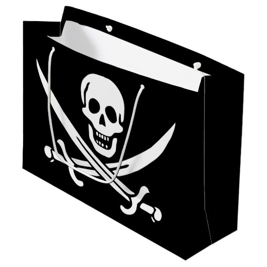 Grand Sac Cadeau Blanc, Drapeau Pirate Calico Jack, Crâne & Cutlass (Devant Angle)