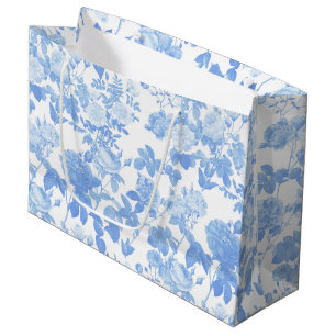 Grand Sac Cadeau Bleu Blanc Fleurs Roses Motif Chinois de Style Fra