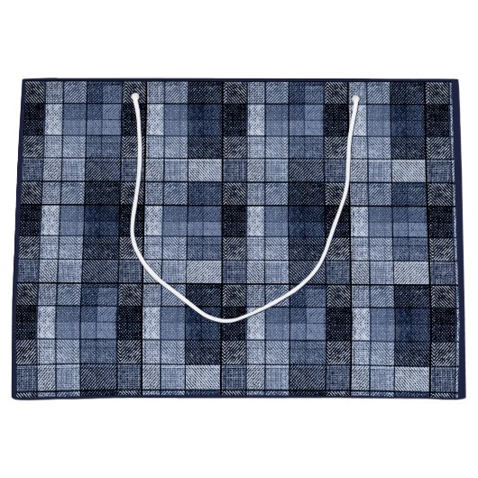 Grand Sac Cadeau Bleu, denim, tartan, plaid. (Devant)