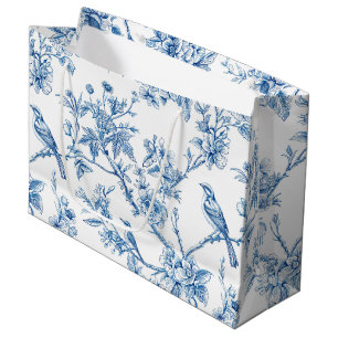 Grand Sac Cadeau Bleu et blanc Chinoiserie Floral Oiseaux