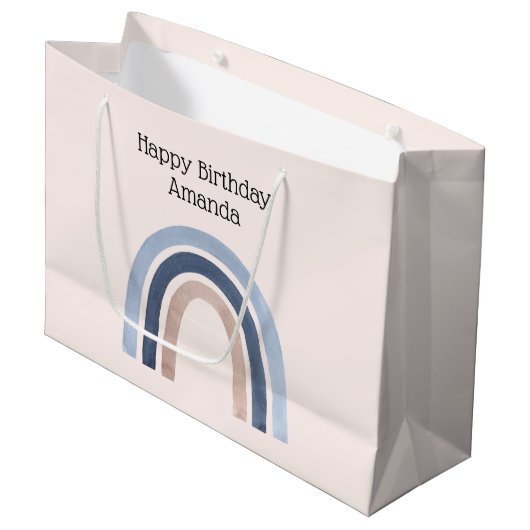 Grand Sac Cadeau Bleu et Pêche Arc-en-ciel Design Boho Anniversaire (Devant Angle)