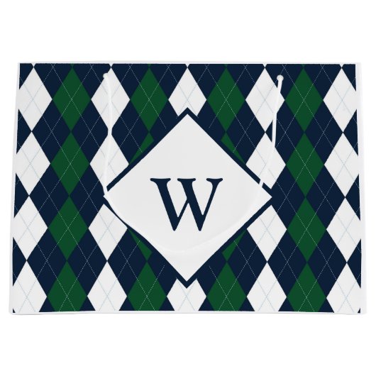 Grand Sac Cadeau Bleu et Vert Argyle Monogrammé (Devant)