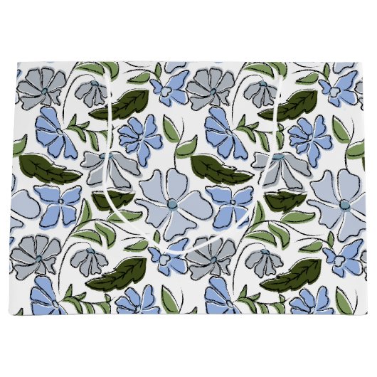 Grand Sac Cadeau Bleu et vert main tiré bloc floral Imprimer (Devant)