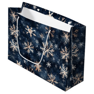 Grand Sac Cadeau Bleu foncé simple avec Motif de flocons de neige