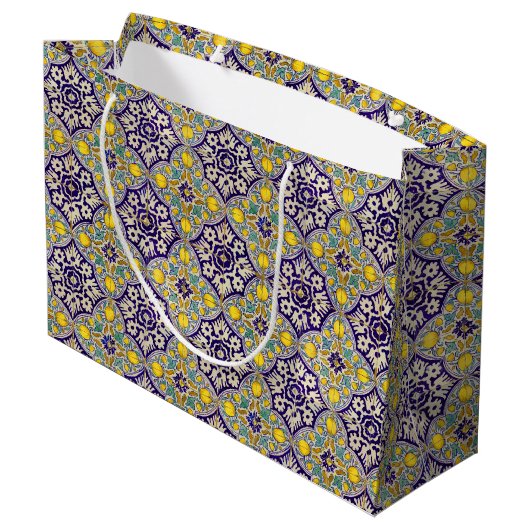 Grand Sac Cadeau Bleu Méditerranée Motif Fleurs Jaunes (Dos Angle)