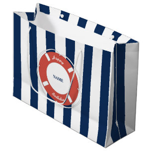 Grand Sac Cadeau Bleu Nautique Rayé Anniversaire Nom Personnalisé