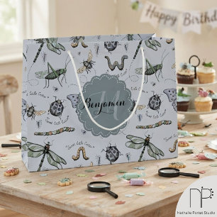 Grand Sac Cadeau Bleu pastel doux bohème bébé insectes enfants et b