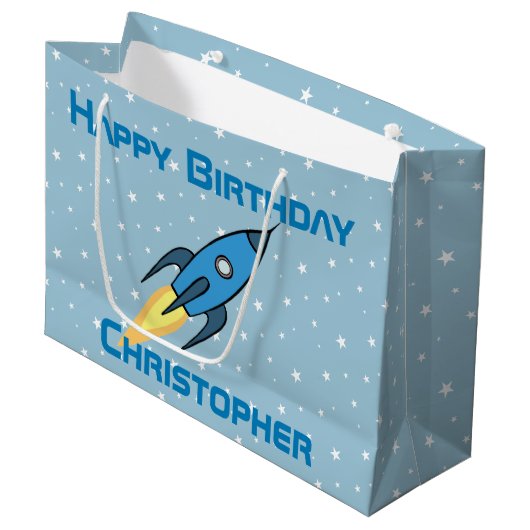 Grand Sac Cadeau Bleu Retro Rocket Ship Personnalisé Birthday Boy (Devant Angle)