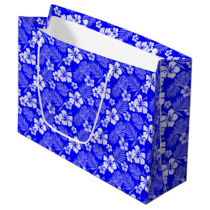 GRAND SAC CADEAU BLEU ROYAL AVEC FLEURS HIBISCUS BLANC TROPOTIQUE