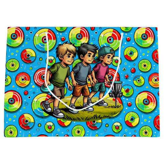 Grand Sac Cadeau Bleu, Vert et Disque Rouge Golf Thème Anniversaire (Devant)