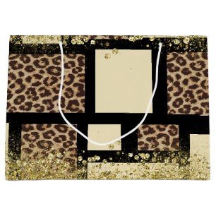 Grand Sac Cadeau Bloc de couleur Crème Ivoire Noir & Léopard Guépar