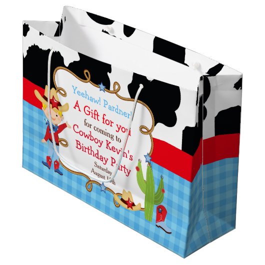 Grand Sac Cadeau Blonde Boy Cowboy Western Merci d'anniversaire (Devant Angle)