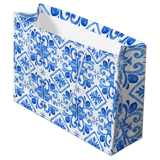 Grand Sac Cadeau Blue French Toile Pattern (Devant Angle)