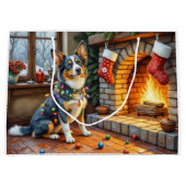 Grand Sac Cadeau Blue Heeler Fireplace with Christmas Lights (Devant)