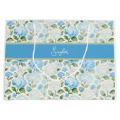 Grand Sac Cadeau Blue Hydrangea Watercolor Floral Name (Devant)