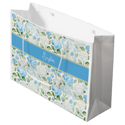 Grand Sac Cadeau Blue Hydrangea Watercolor Floral Name (Devant Angle)