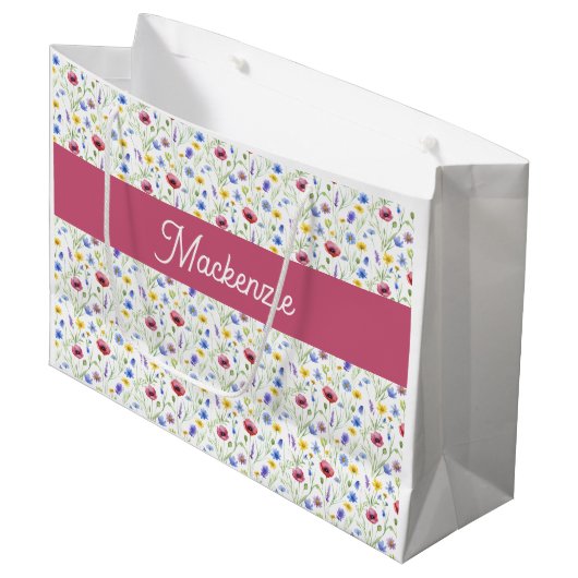 Grand Sac Cadeau Blue Pink Wildflower Watercolor Monogram Name  (Devant Angle)
