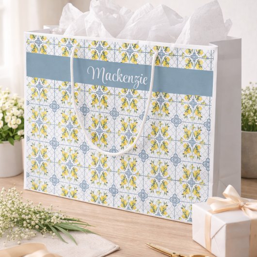 Grand Sac Cadeau Blue Tile French Country Lemon Name Monogram