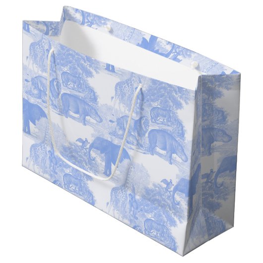 Grand Sac Cadeau Blue Toile Jungle Animaux Safari Chinoiserie (Devant Angle)