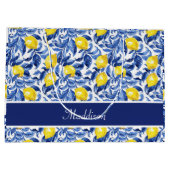 Grand Sac Cadeau Blue Watercolor Lemon Pattern Monogram Name (Dos)