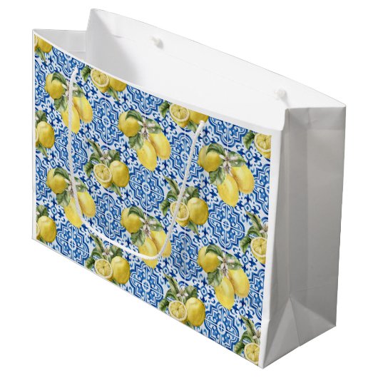 Grand Sac Cadeau Blue White Lemon Tile Mediterranean Pattern (Devant Angle)