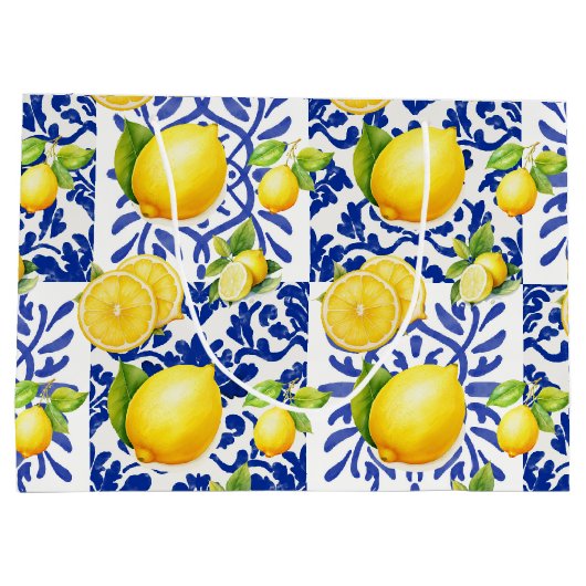 Grand Sac Cadeau Blue White Lemon Tile Pattern Mediterranean Citrus (Dos)